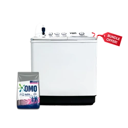 Von VWM-13AHK Twin Tub Washing Machine, White - 13KG +  Get FREE OMO 2KG Auto Wash Powder
