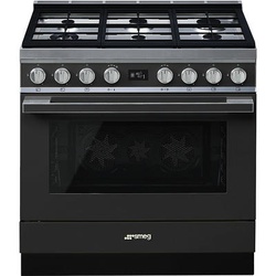 SMEG CPF9GPAN Cooker 6 Gas + Electric Oven Black With Stainless Steel HOB -Thermo Ventilated, Pyrolytic