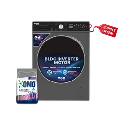 Von VAWD-906FVK Front Load Washer Dryer 9/6 KG - Silver +  Get FREE OMO 2KG Auto Wash Powder
