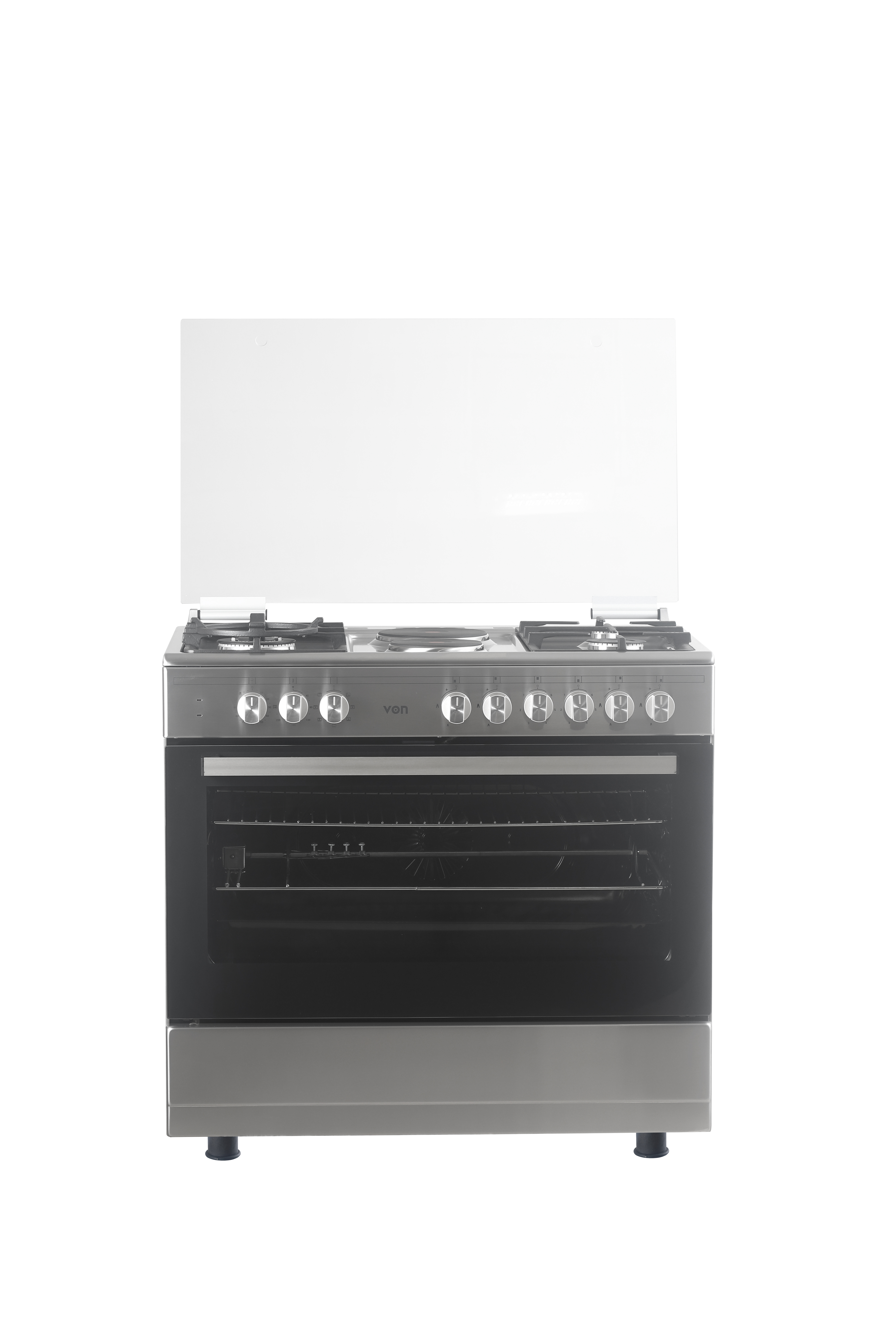 VON VCF964271FSX Freestanding Cooker – 4 Gas + 2 Electric Burners, Cast Iron Pan Support, Flame Failure Device